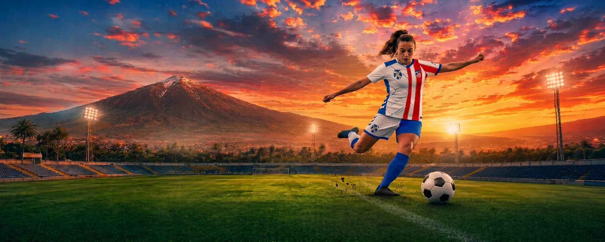 Jugadora de la final femenina con el Teide al atardecer en el Estadio Municipal Los Cuartos