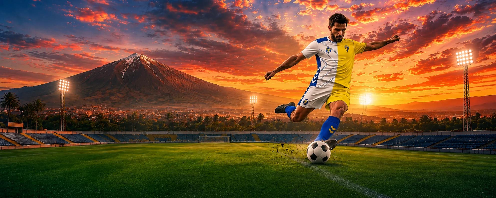 Jugador de la final masculina con el Teide al atardecer en el Estadio Municipal Los Cuartos