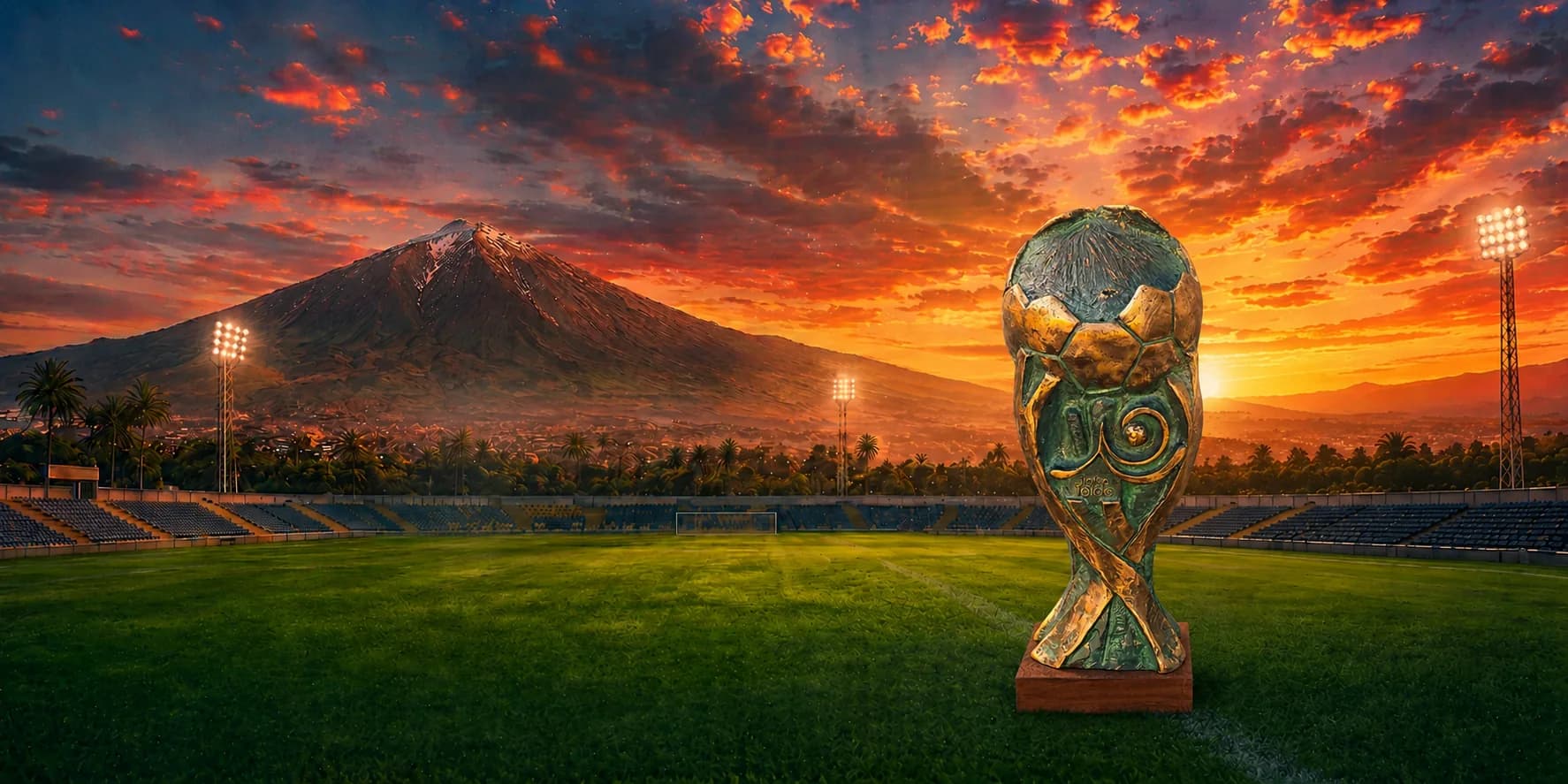Trofeo Teide sobre el césped del Estadio Municipal Los Cuartos con el Teide al atardecer